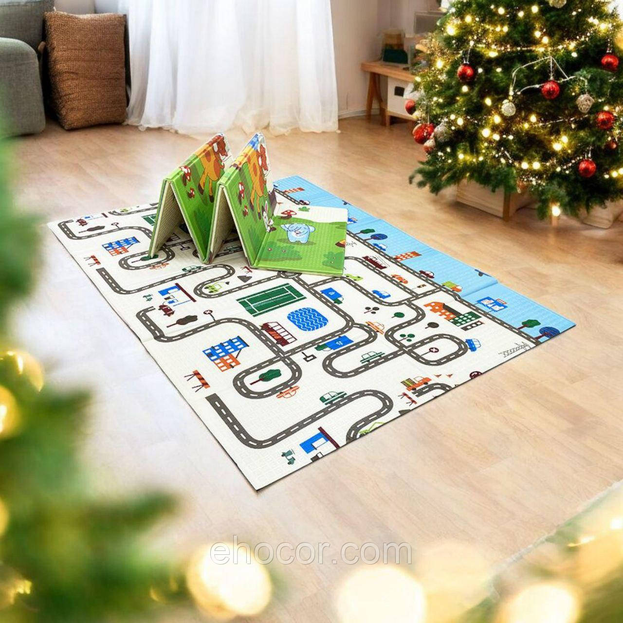 Дитячий Складний термокилимок двосторонній Місто11/Тваринки30 200х150х1см +сумка, фото 1