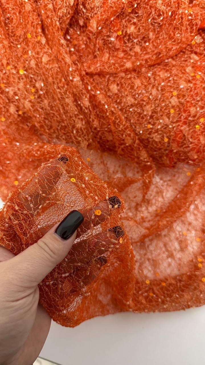 Гипюр розшитий бісером і паєтками, колір оранжевий, фото 1