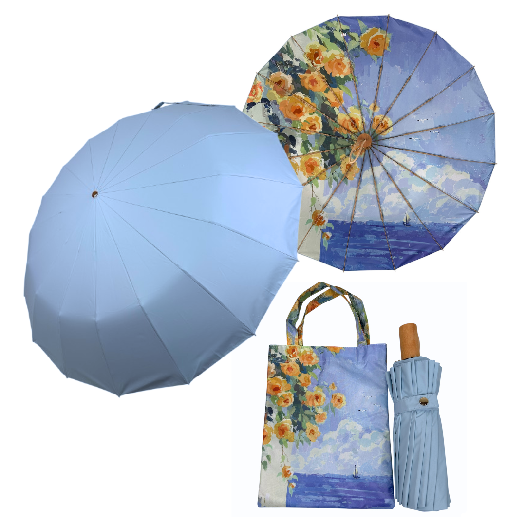 Жіноча механічна парасоля Mario на 16 спиць з малюнком всередині, блакитний, MR 04392-12