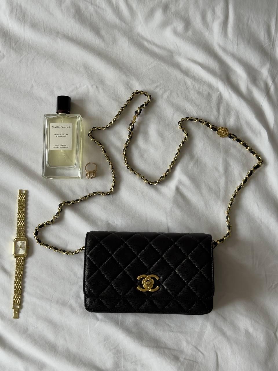 Жіноча стильна сумка крос-боді Chanel Classic Wallet on Chain Quilted Caviar Black/Gold (чорна) повсякденний на ланцюжку pr3795, фото 1