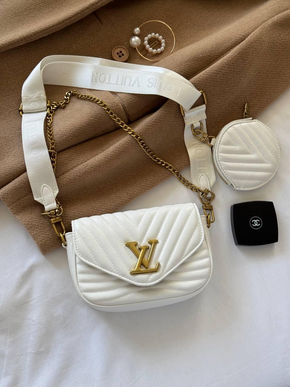 Жіноча стильна сумка Louis Vuitton New Wave Multi Pochette Bag White/Gold (біла) повсякденна з ланцюжком і ремінцем pr0015 vkross, фото 1