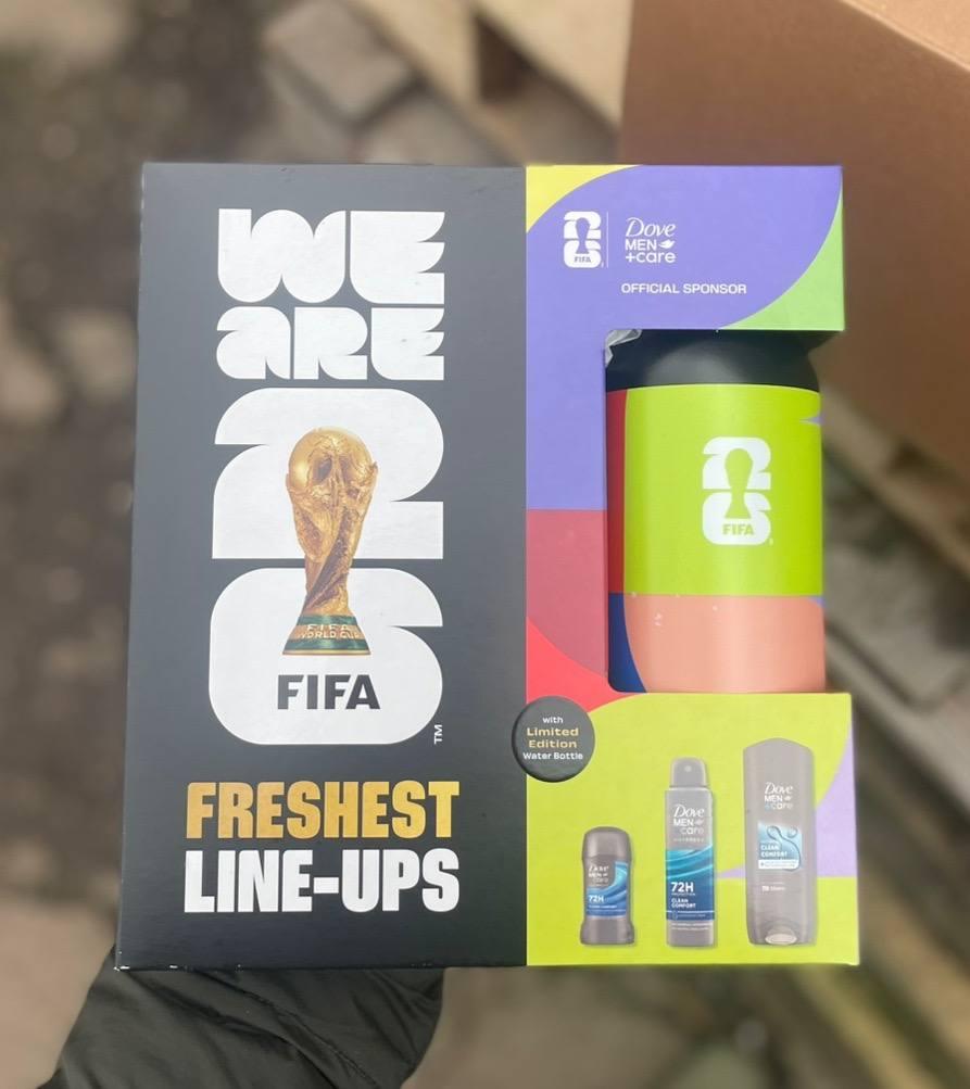 Подарунковий набір Dove Fifa (антиперспірант 150мл, гель для душа 250мл та дезодорант-стік 50мл + пляшка для води), фото 1