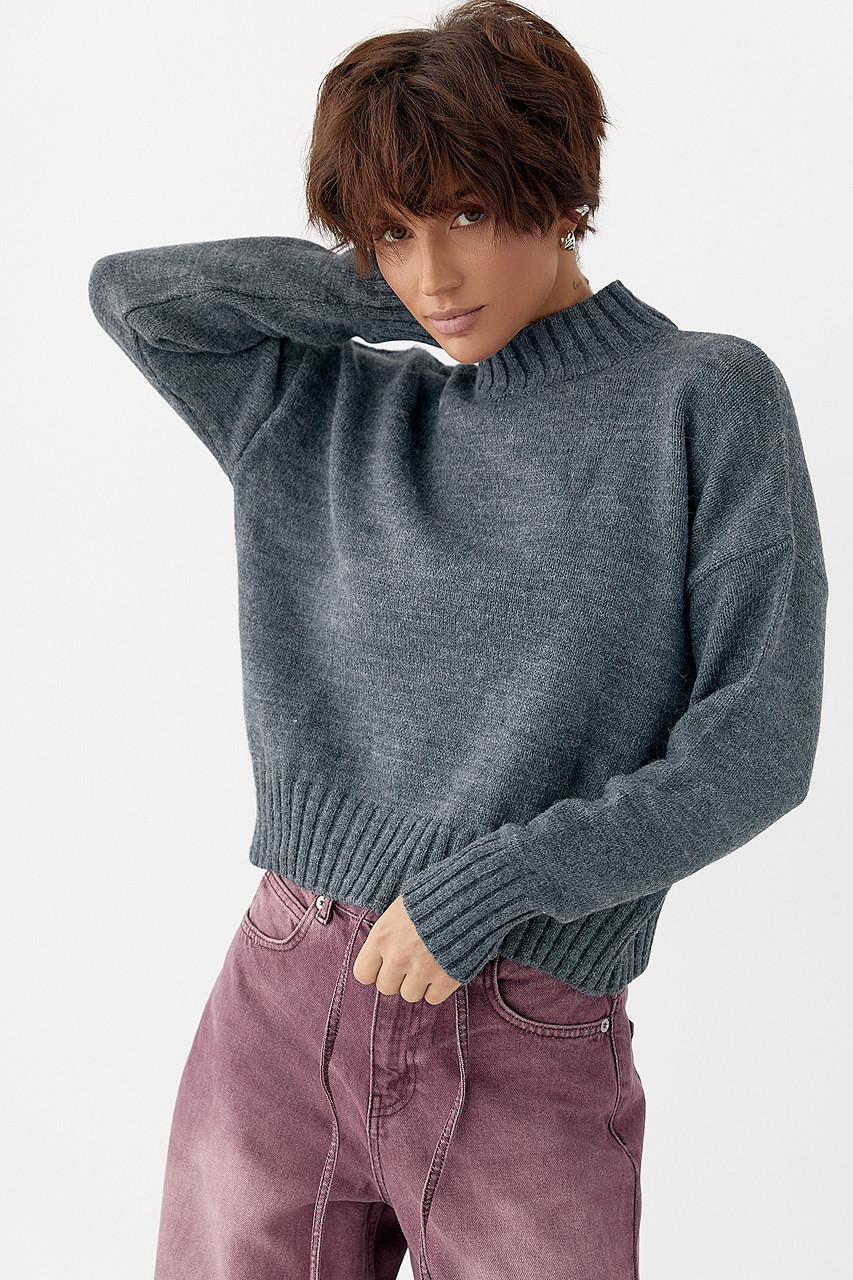 В'язаний светр із горловиною-стійкою — сірий колір, ONE SIZE (є розміри), фото 1