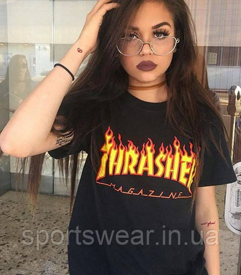 Футболка жіноча Thrasher Magazine чорна Трешер з вогнем Футболка вільна для дівчини оверсайз