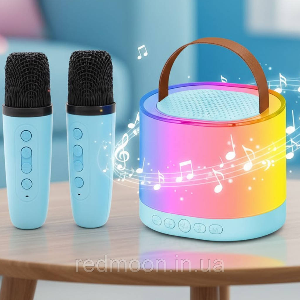 Дитяче караоке з 2-ма мікрофонами та підсвічуванням, USB, SD, FM, Блакитний / Портативна колонка-караоке / Bluetooth колонка, фото 1