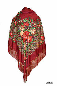 Хустка з народним орнаментом бордова 106*106 см з бахромою