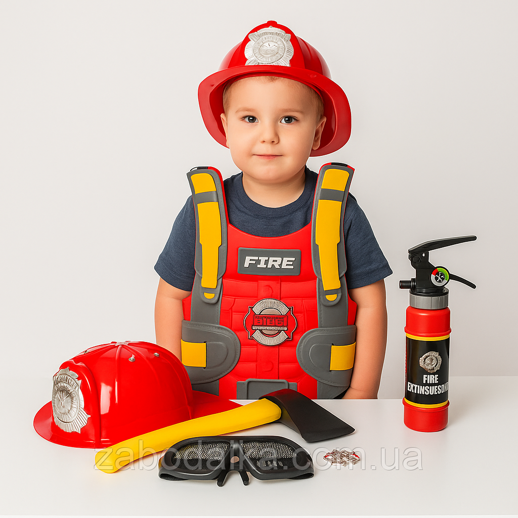 Дитячий ігровий набір костюм пожежника з каска жилет вогнегасник окуляри, фото 1