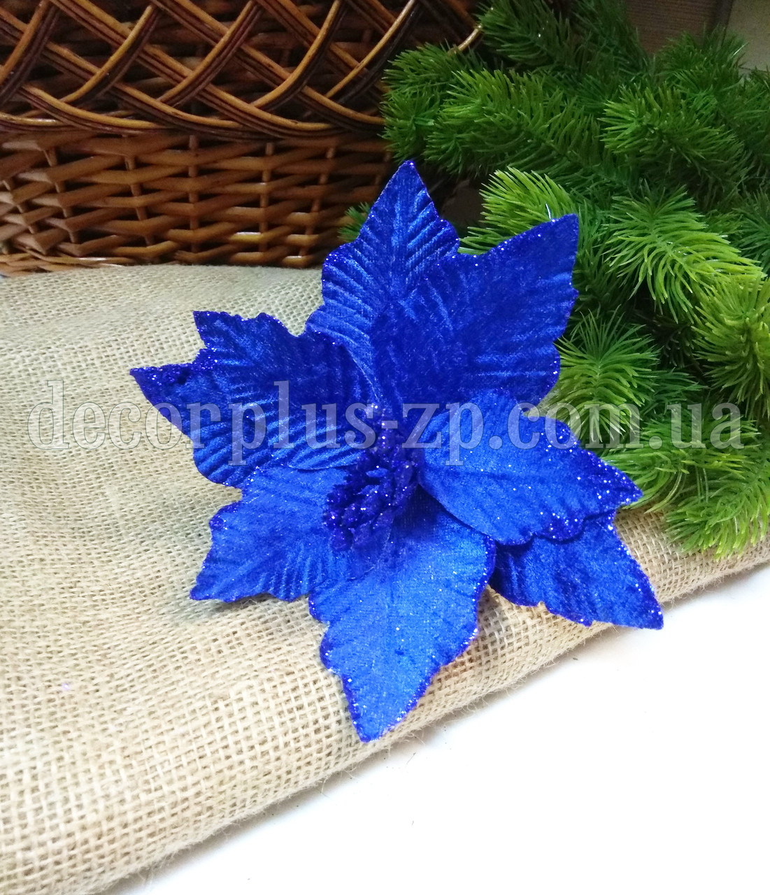 Голова пуансетії оксамит + блиск.16см. Синя, фото 1