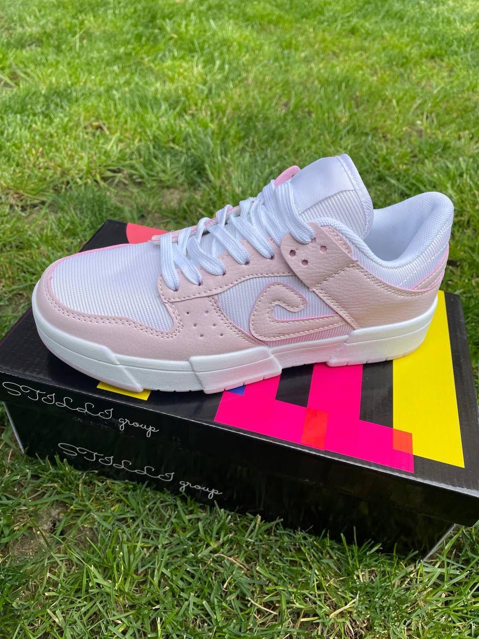 Жіночі кросівки NIKE DUNK, натуральна шкіра, білі з рожевими вставками, фото 1