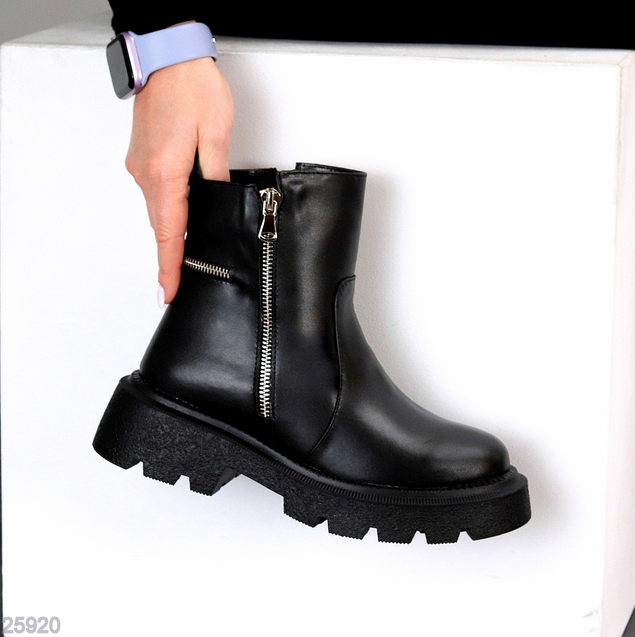 Модні чорні зимові черевики берці на блискавці натуральна шкіра, фото 1
