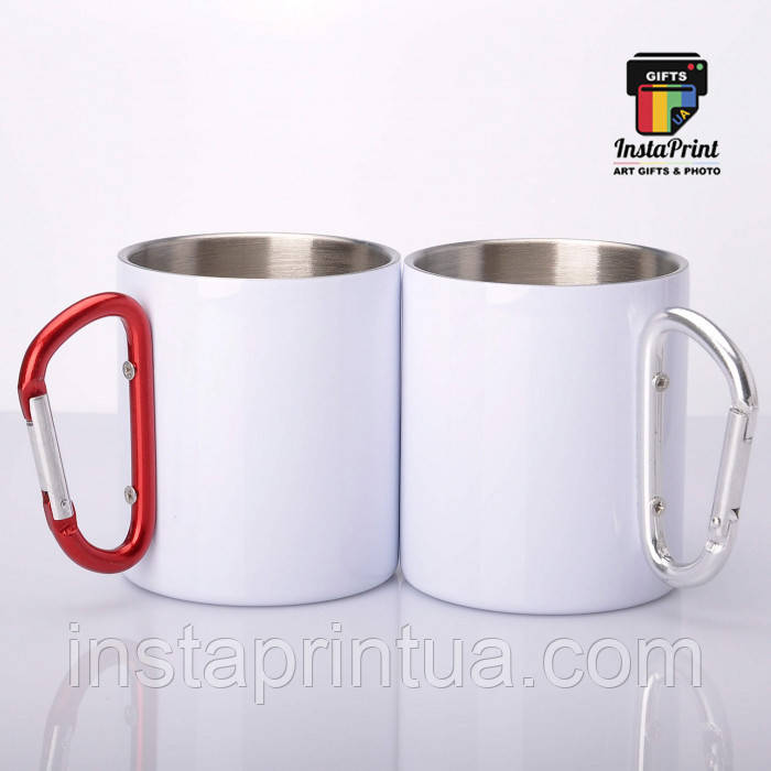 Кружка металева біла ручка карабін + друк. Друк на кружках, фото 1