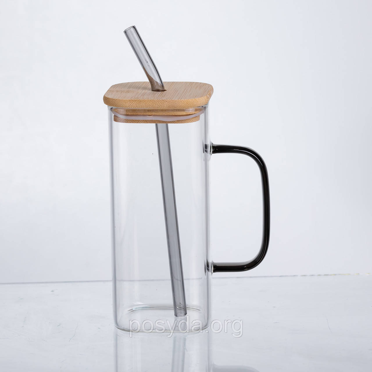 Чашка скляна 400 мл з бамбуковою кришкою та скляною трубочкою HP-19-146, фото 1