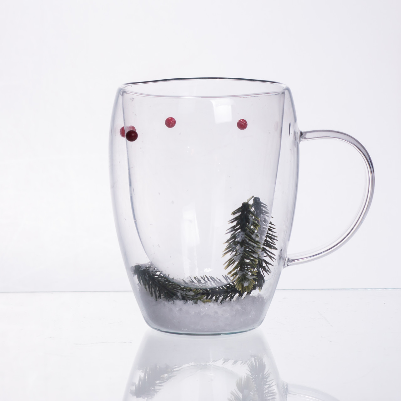 Чашка скляна з подвійними стінками з новорічним декором гілочка з ялинки 350 мл 64486-44, фото 1