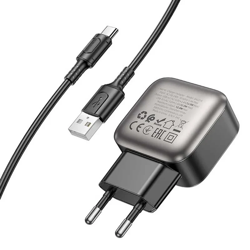 Блок живлення Borofone BAS51A Absolute 12W (2USB-A) + кабель USB to Type-C Black, фото 1
