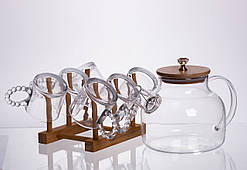 Чайний сервіз із товстого скла 8 предметів з бамбуковою підставкою для чашок 64486-23