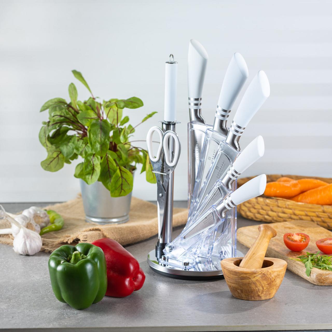 Набір ножів Edenberg на обертовій підставці із акріла з мусатом Білий (EB-906), фото 1