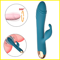 Зеленый вибратор для двойной стимуляции 19.8х3.8 см, Вибростимулятор с вращением для клитора и точки G, Интимные игрушки