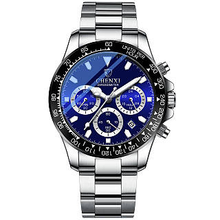 Годинник Chenxi CX-908 чоловічий кварцовий 4 циферблати і календар застібка метелик з безелем Срібло з синім ( код: IBW925SZ )