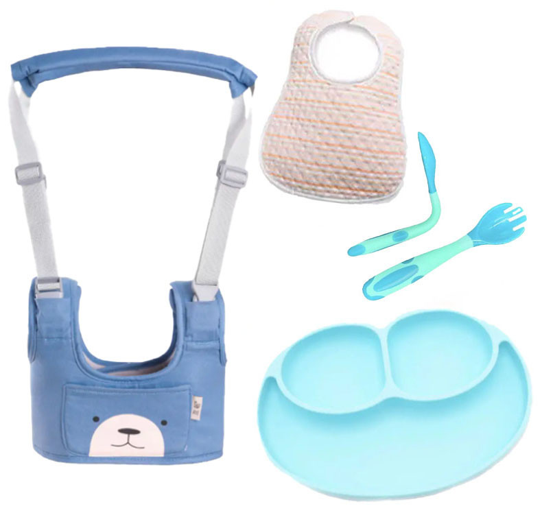 Набір дитячі віжки-ходунки VOLRO слинявчик тарілка та ложка-вилка Синій (vol-1953), фото 1