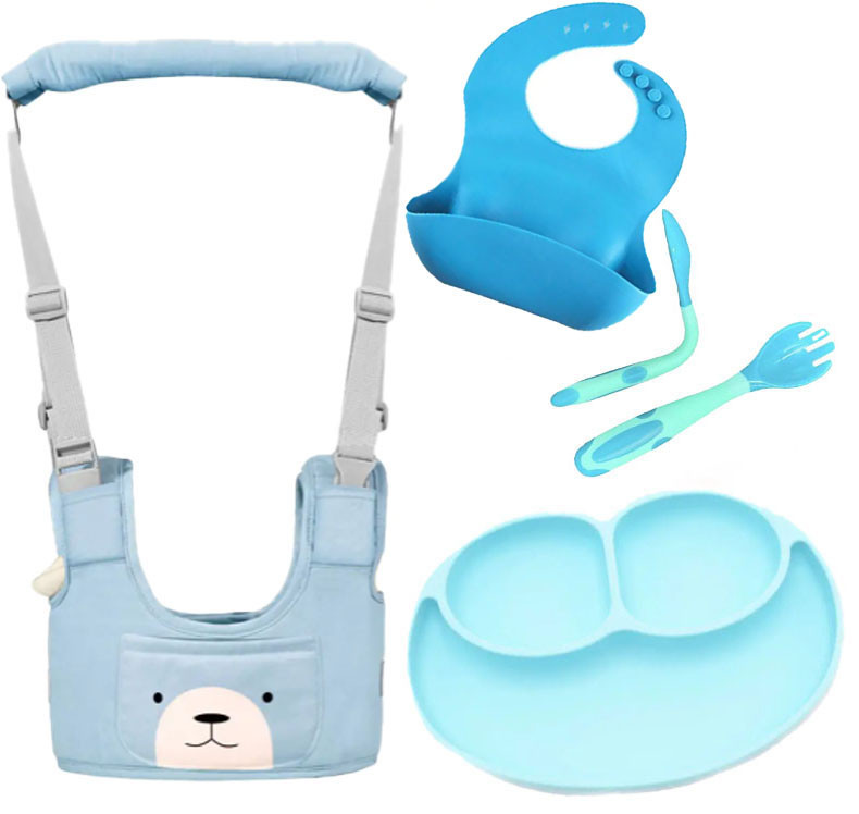 Набір дитячі віжки-ходунки VOLRO слинявчик тарілка та ложка-вилка Блакитний (vol-1963), фото 1