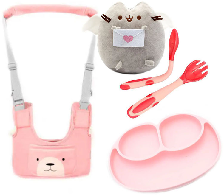 Набір дитячі віжки-ходунки VOLRO ложка-вилка з тарілкою Рожевий і Пушин кет Лист (vol-1974), фото 1