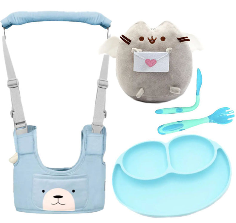 Набір дитячі рукавиці-ходунки VOLRO з підкладками ложка-вилка з тарілкою і Пушин кет з листом (vol-1980), фото 1