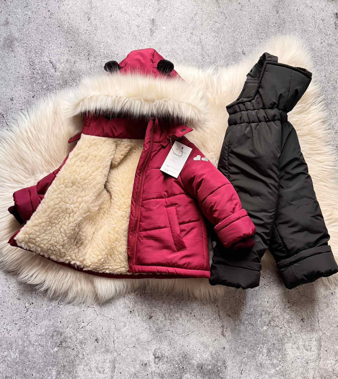 Комбінезон зимовий на овчині для дівчаток від 1 до 6 років Дитячий теплий роздільний комплект з хутром - зима 98, фото 1