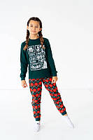 Піжама тепла дитяча, футер начос, новорічний дизайн, темно-зелений