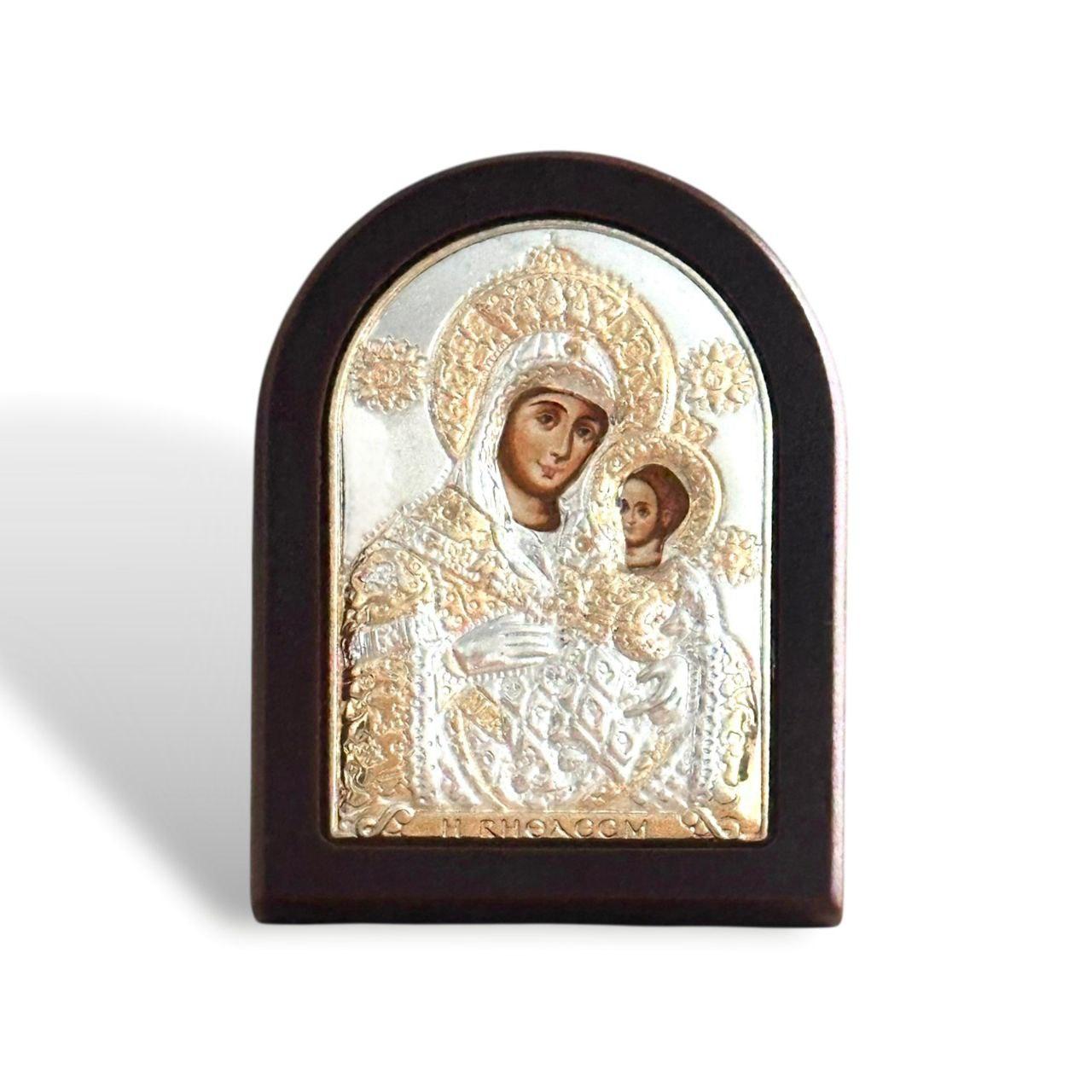 Ікона срібна 5 x 6,5 см. Коричнева дерев'яна рама. Божої Матері Віфлеємська, фото 1
