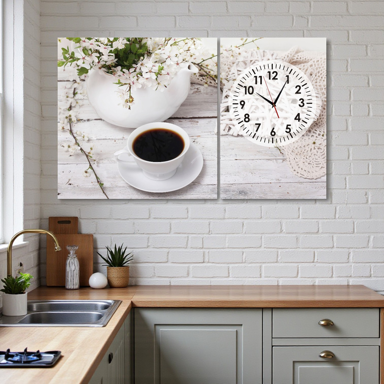 Картина з годинником “Чашка кава на світлому фоні” Друк на полотні Настінний безшумний годинник для кухні 100х60 з 2х частин, фото 1