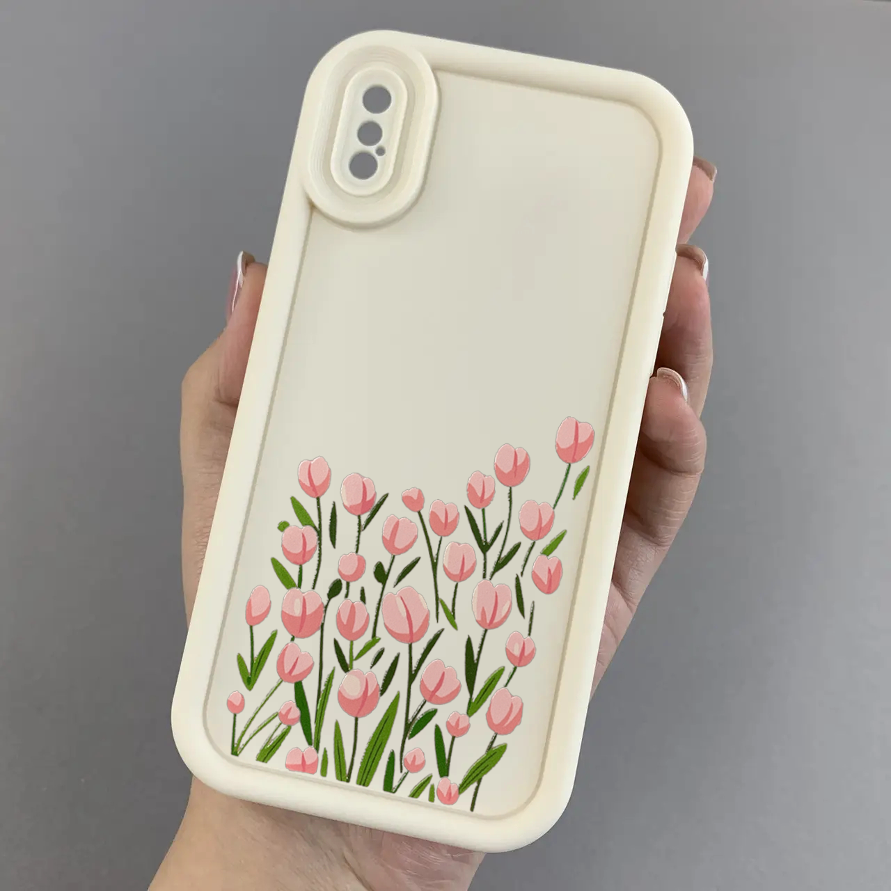 Чохол для iPhone X / Xs молочний чохол із принтом із тюльпанами на телефон айфон х / хс r02h