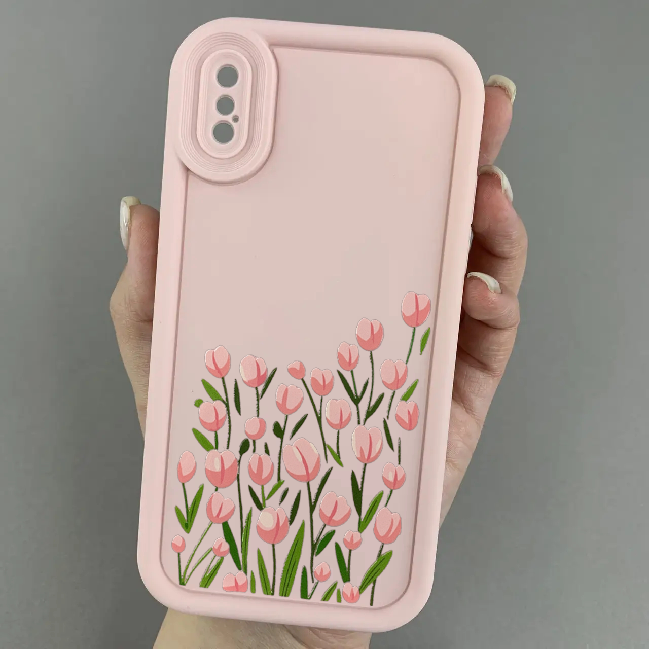 Чохол для iPhone X / Xs рожевий чохол із принтом із тюльпанами на телефон айфон х / хс r02h
