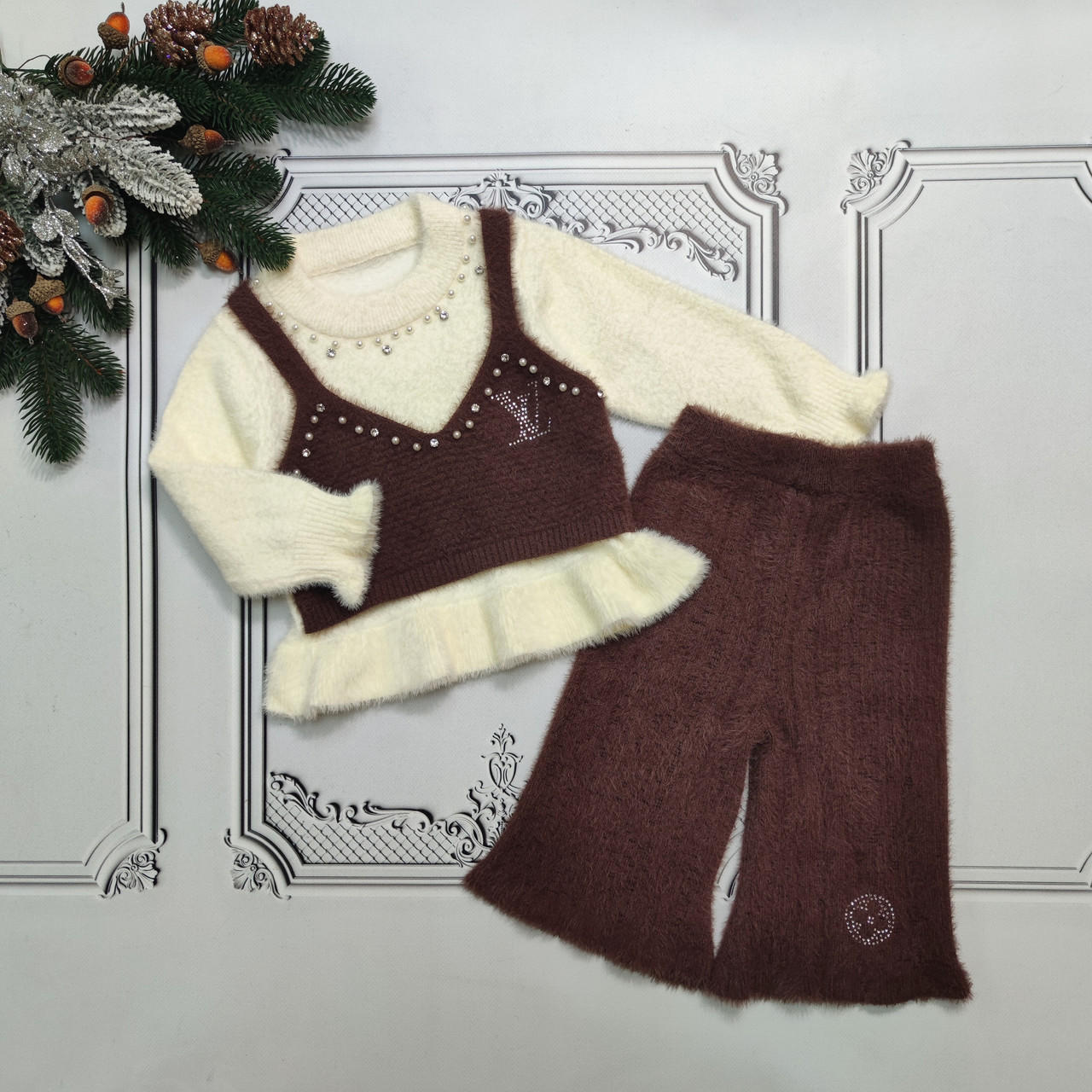 Дитячий теплий в'язаний ангоровий костюм Louis Vuitton для новонародженої дівчинки