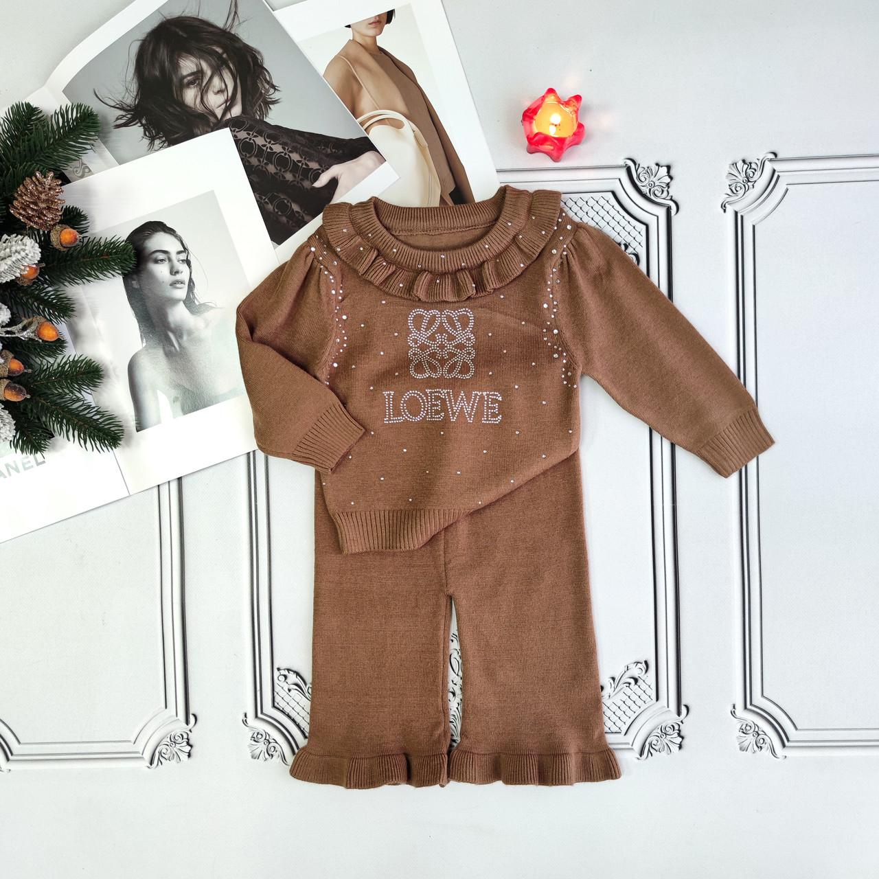 Дитячий костюм Loewe, бежевий в'язаний костюм зі стразами для новонародженої дівчинки