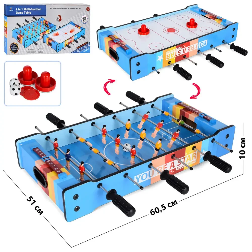 Настільна гра 2в1 аерохокей та футбол 2400 дерев'яна компактна 60x51 см з механічним рахунком, фото 1