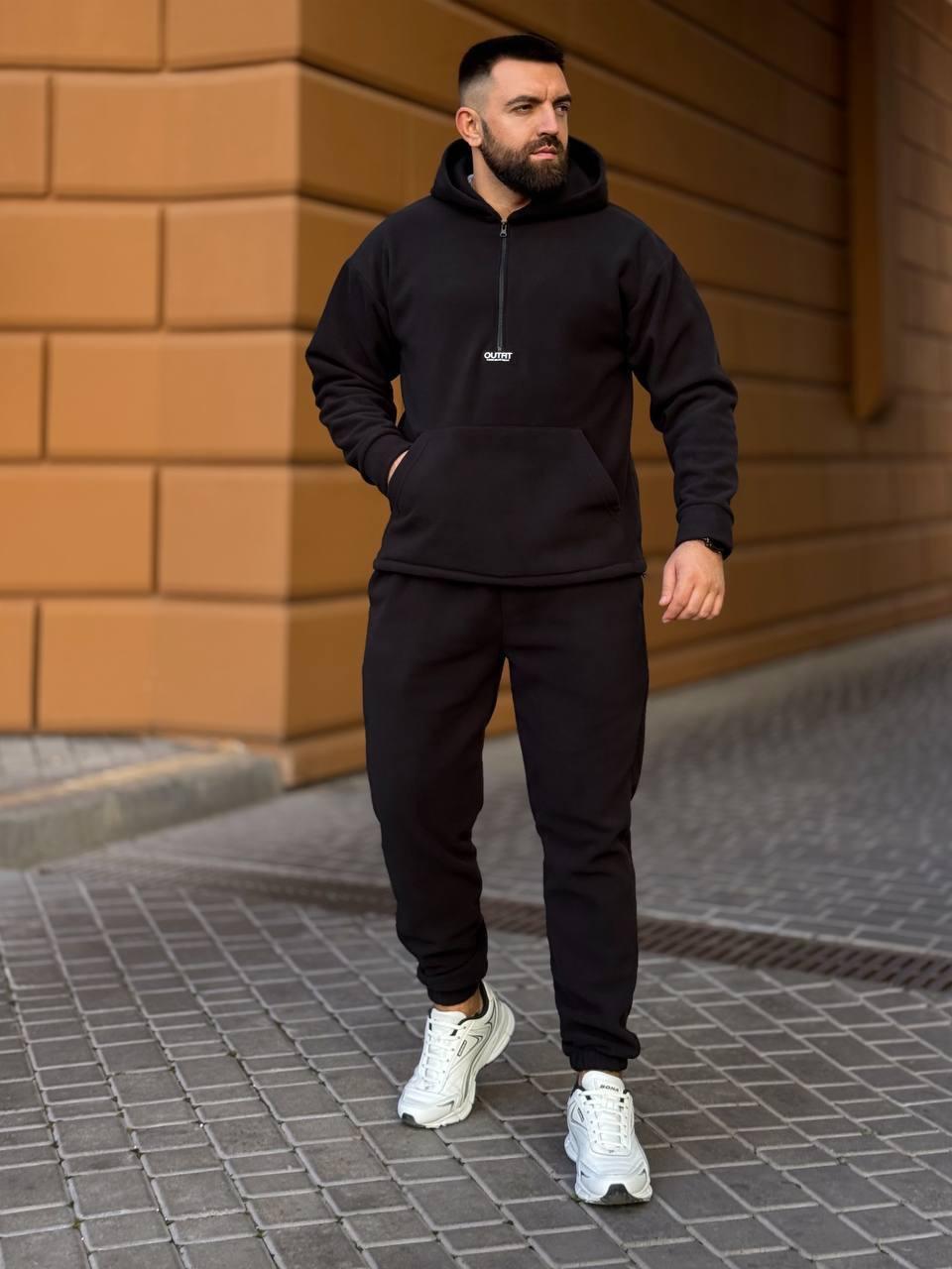 Теплий чоловічий зимовий спортивний флісовий костюм: кофта-батник з кишенею та штани, фото 1