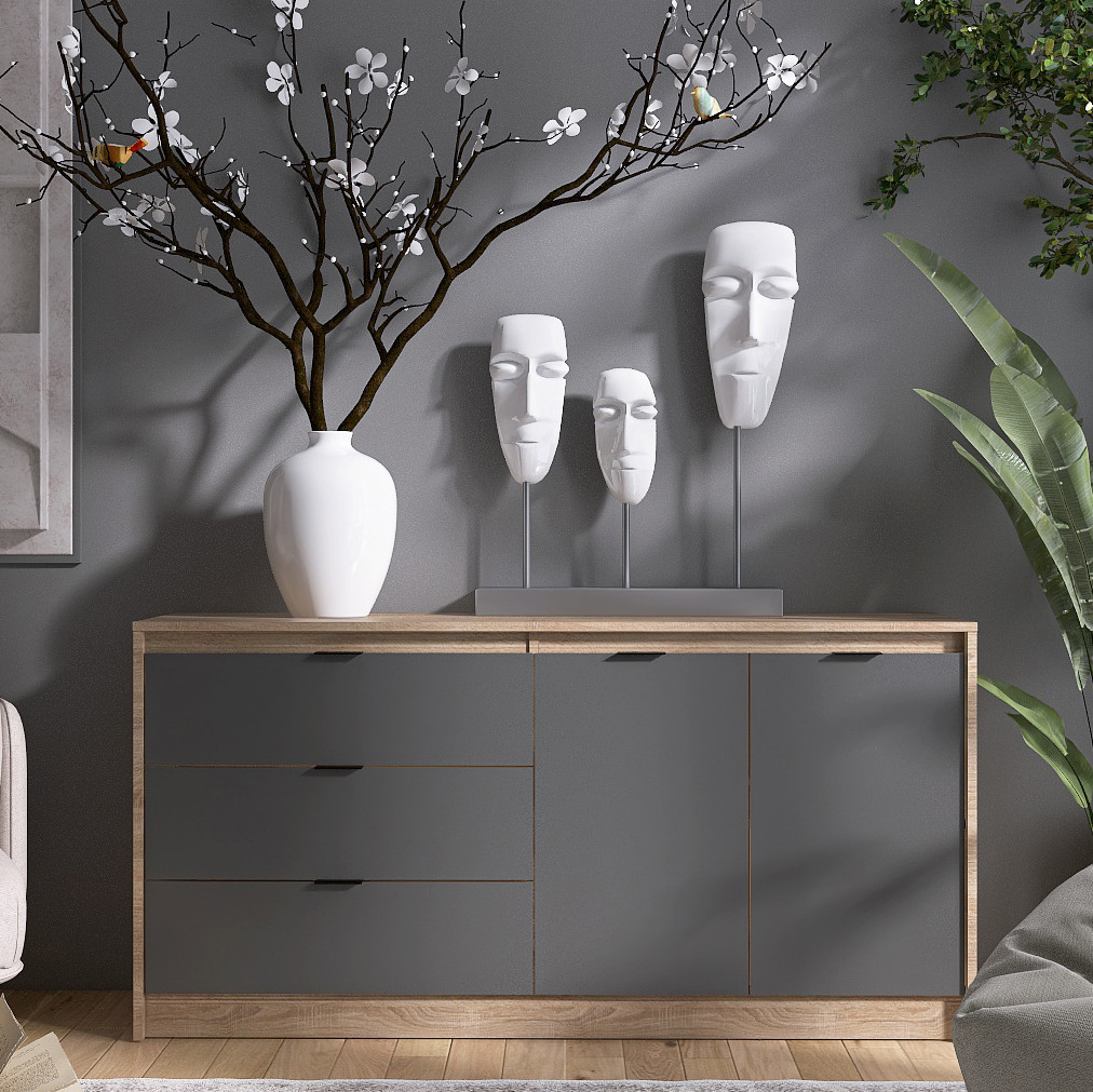 Великий комод із дверима та 3-ма шухлядами Еверест Сіті-1500 150,2х38х74,6 Дуб сонома/Графіт (DTM-071101), фото 1