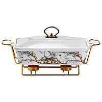 Мармітниця, посуд для сервірування, ємність для підігріву: порцеляна, 1.5 л, скляна кришка, металева підставка з підігрівом, білий