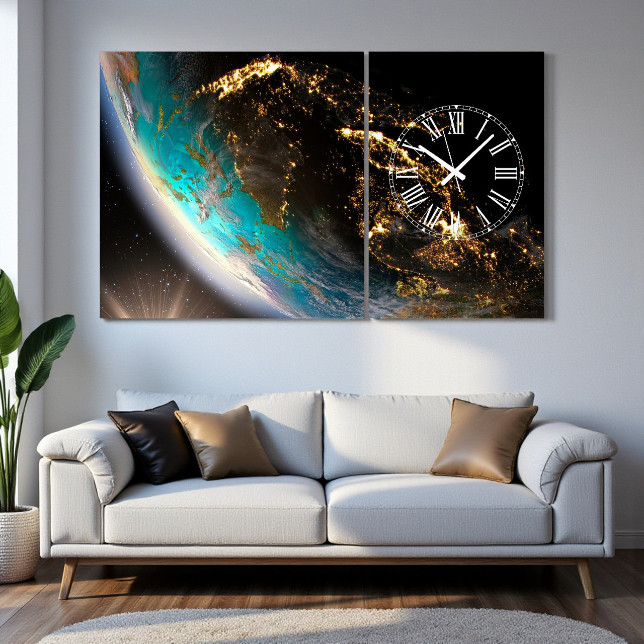 Картина з годинником “Нічна Земля з космосу” Настінний безшумний годинник Друк на полотні 100х60 з 2-х частин, фото 1