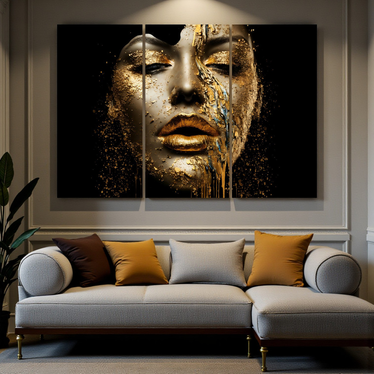 Темна картина "Абстрактна дівчина на чорному фоні Золоті губи" Фотодрук Настінний декор в сучасний інтер'єр 90х60 з 3х частин, фото 1