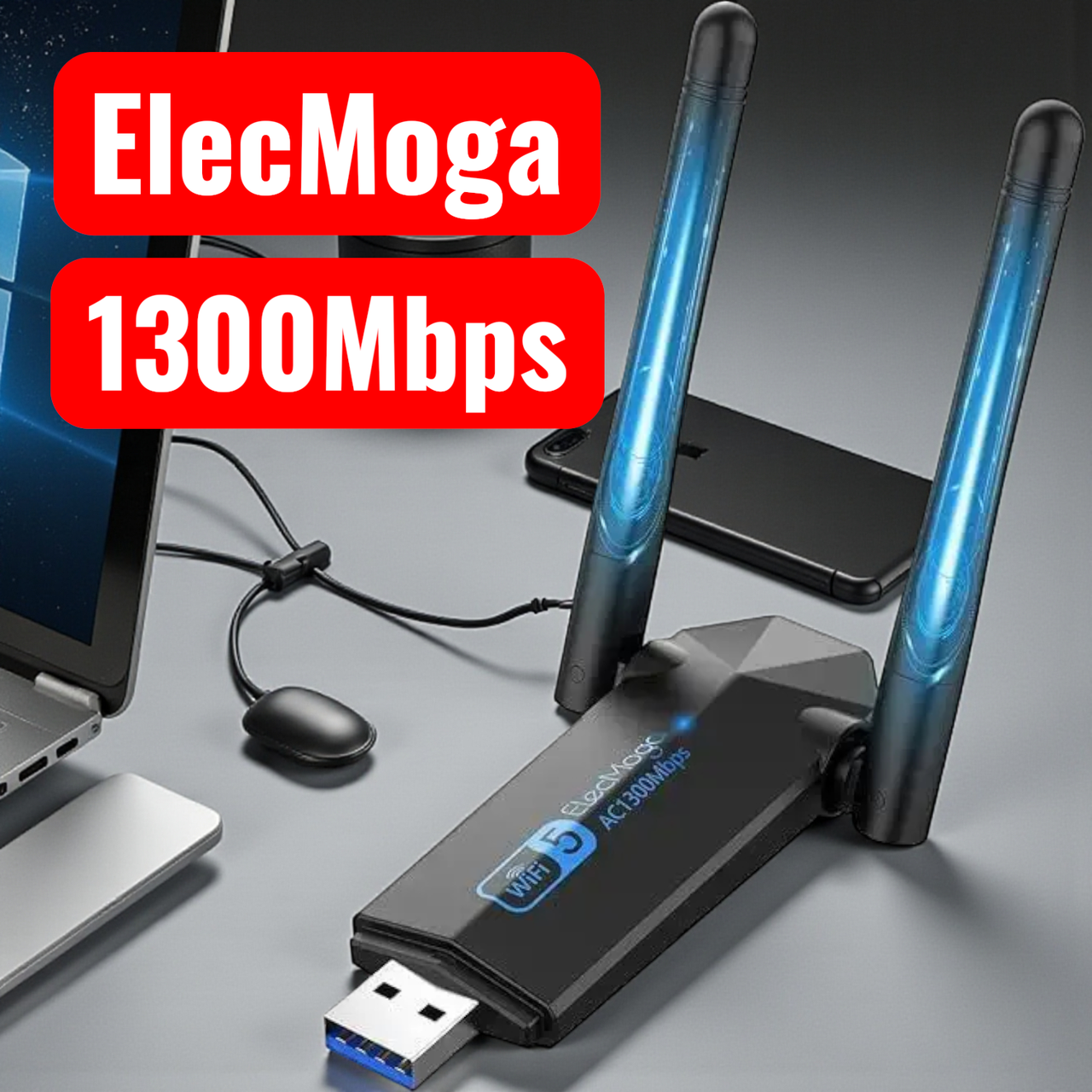 Wi-Fi-адаптер ElecMoga Dual Band USB 1300Mbps Бездротовий портативний адаптер для ПК і ноутбуків, фото 1