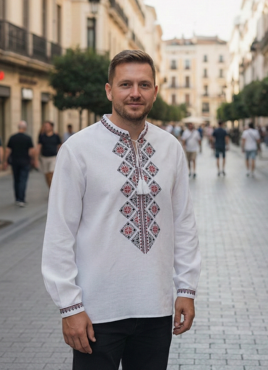 Чоловіча вишиванка з чорно-червоним геометричним орнаментом ESQ B022, Туреччина, фото 1