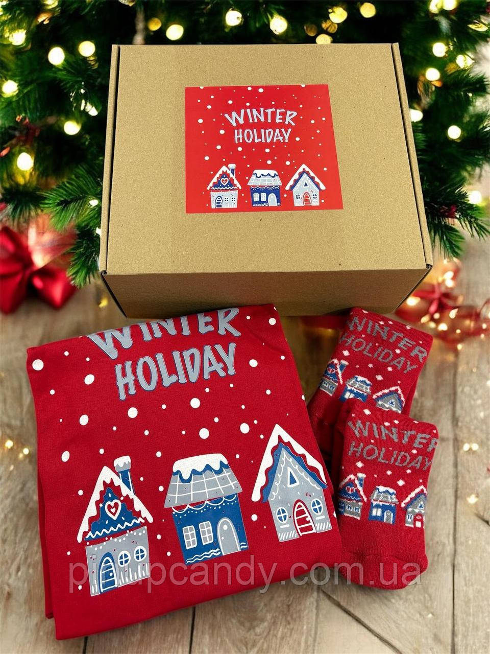 Подарунковий бокс Winter Holiday COSY для неї піжама і шкарпетки новорічні червоні XL, фото 1