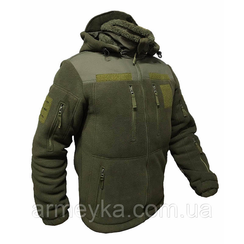 Флісова тактична кофта з хутряним утепленням та відстібним капюшоном. Олива. UA