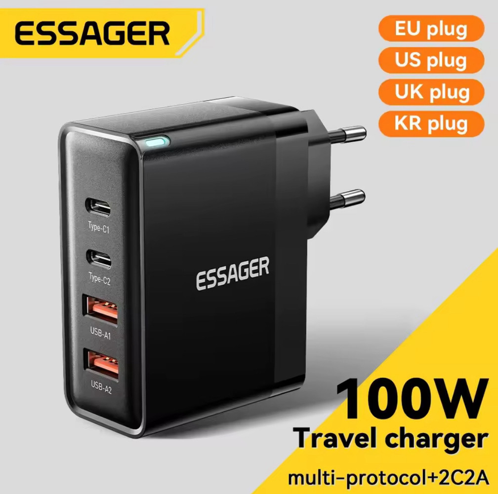 Зарядний пристрій Essager Grace 100W GaN 4 Ports Travel Charger 2 Type-C + 2 Type-A  зарядка зарядне