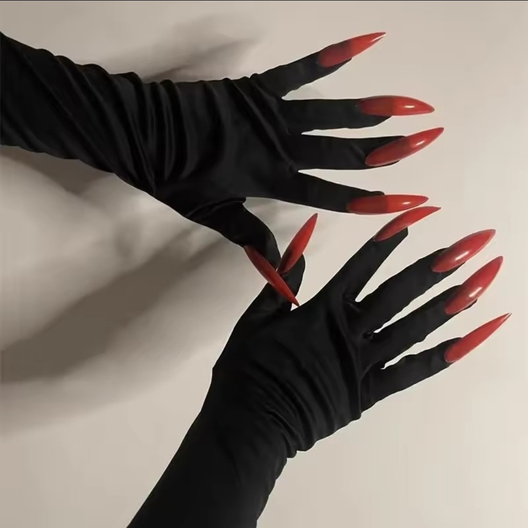 Чёрные перчатки с ногтями, иммитация женской руки, фото 1