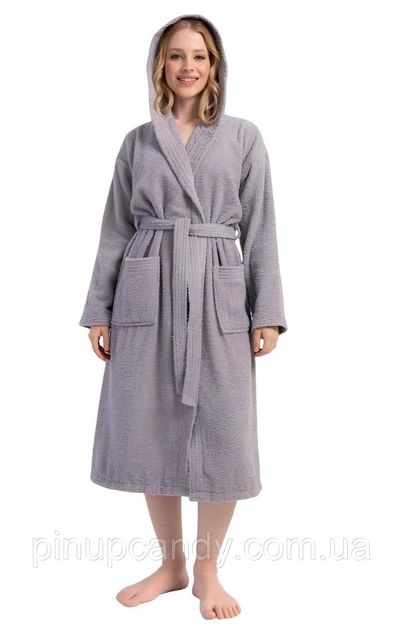 Халат жіночий махровий з капюшоном Vienetta однотонний сірий (розміри: L-2XL), фото 1