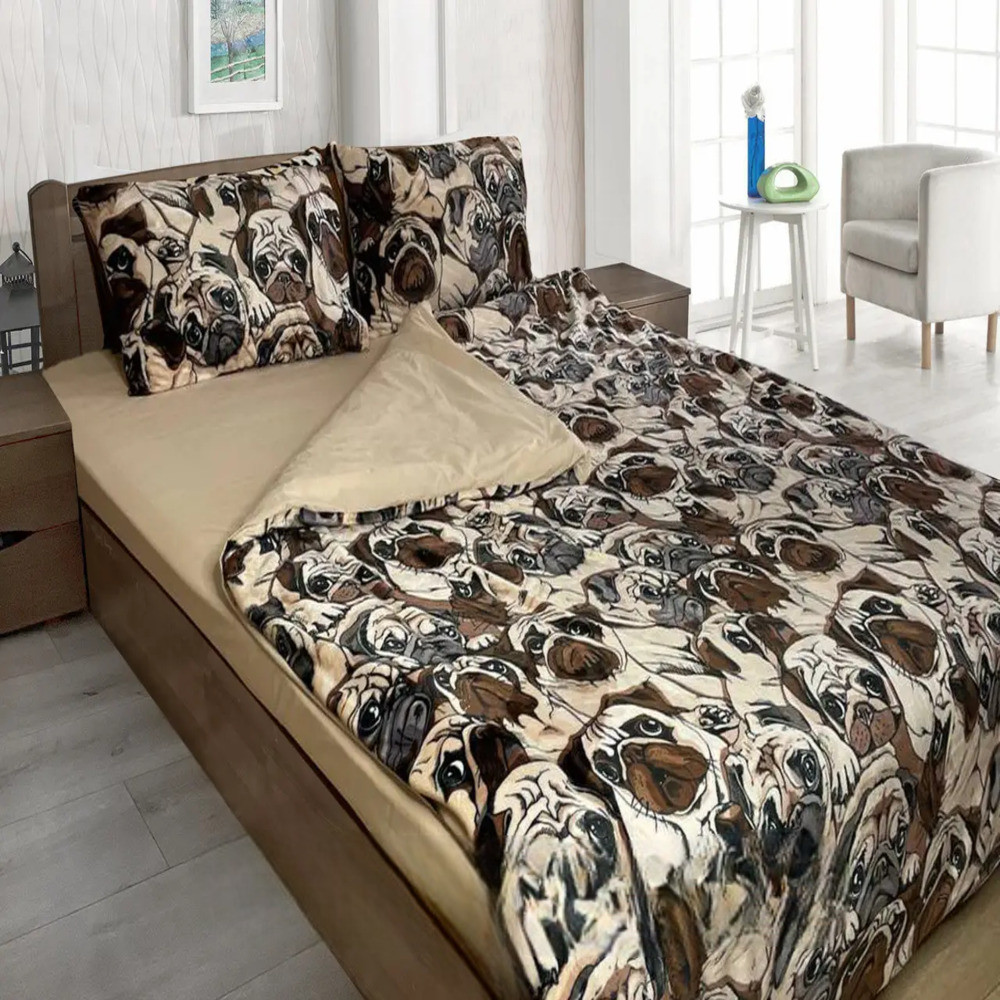 Утеплена постільна білизна Зима-Літо двоспальна Мопси Мікрофібра + Бязь, фото 1