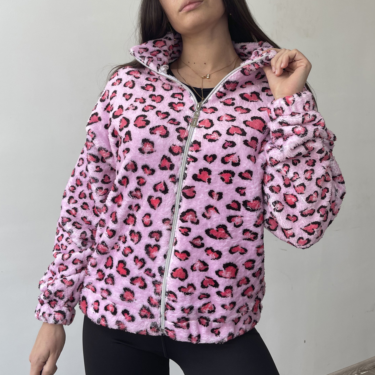 Махрове худі на блискавці з леопардовим принтом, фото 1