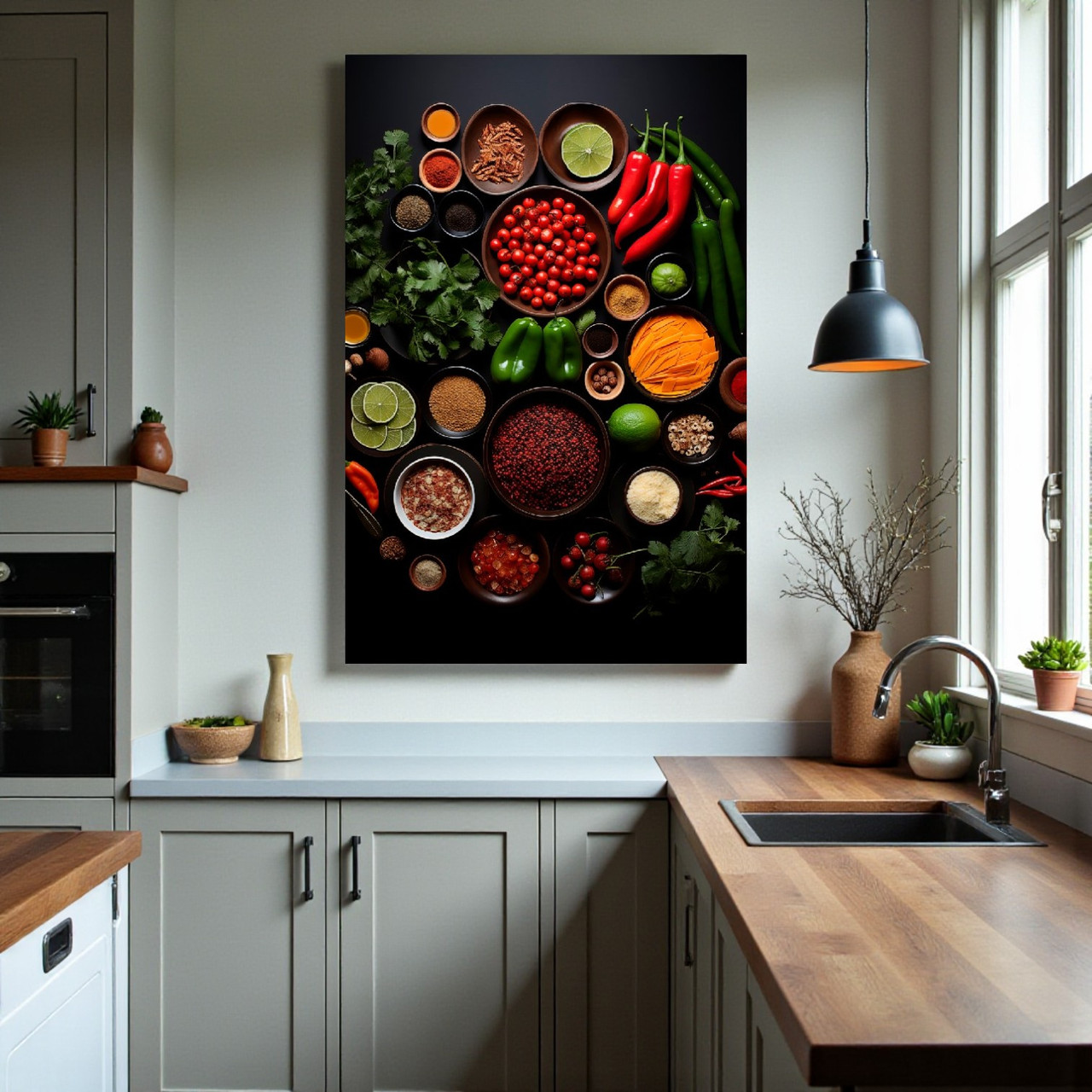 Картина на кухню “Спеції та овочі на темному фоні” Настінний декор для кухні Друк на полотні 60х40 см, фото 1